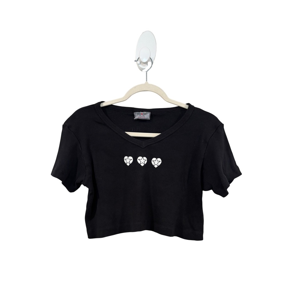 Vintage Hard Tail Forever Y2K Ribbed Crop Top One Size Black Hearts Star